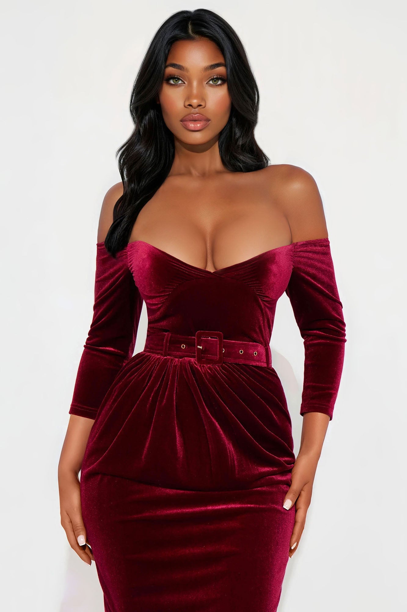 Betsey Belted Velvet Midi Dress - Wine