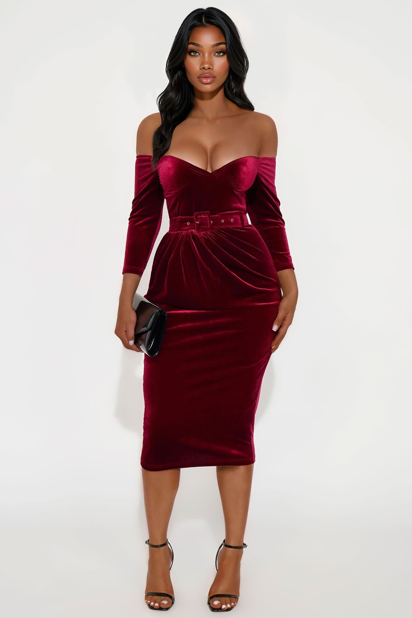 Betsey Belted Velvet Midi Dress - Wine