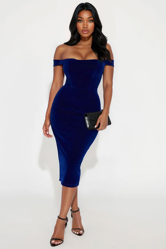 Zuri Off Shoulder Velvet Midi Dress - Navy