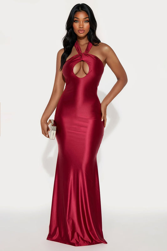 Stained With Love Satin Maxi Gown - Wine