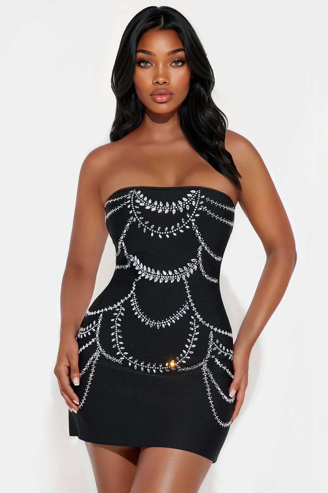 Mikayla Rhinestone Embellished Bandage Mini Dress - Black