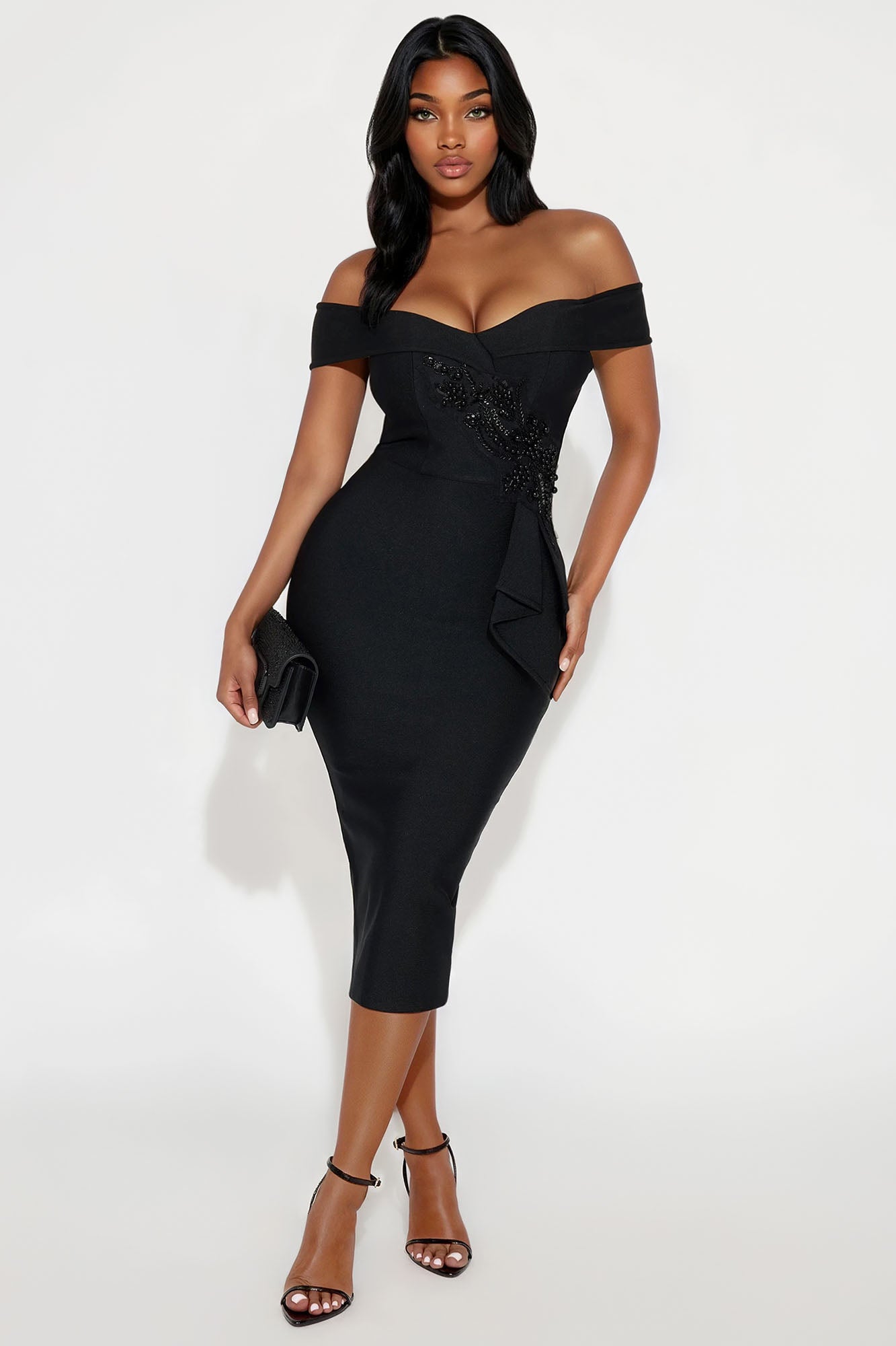 First Class Off Shoulder Bandage Midi Dress - Black