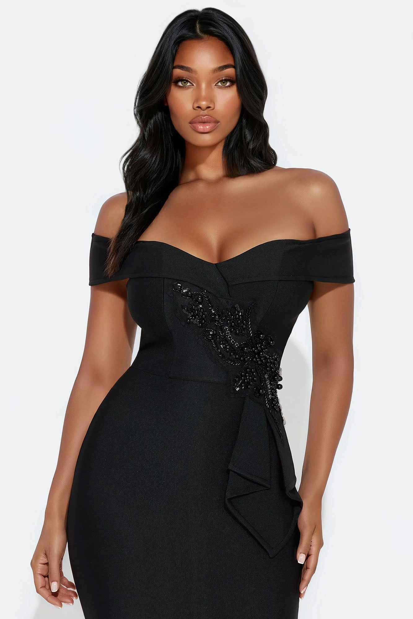 First Class Off Shoulder Bandage Midi Dress - Black