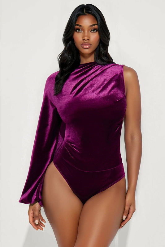 Fiona One Shoulder Long Sleeve Velvet Bodysuit - Plum