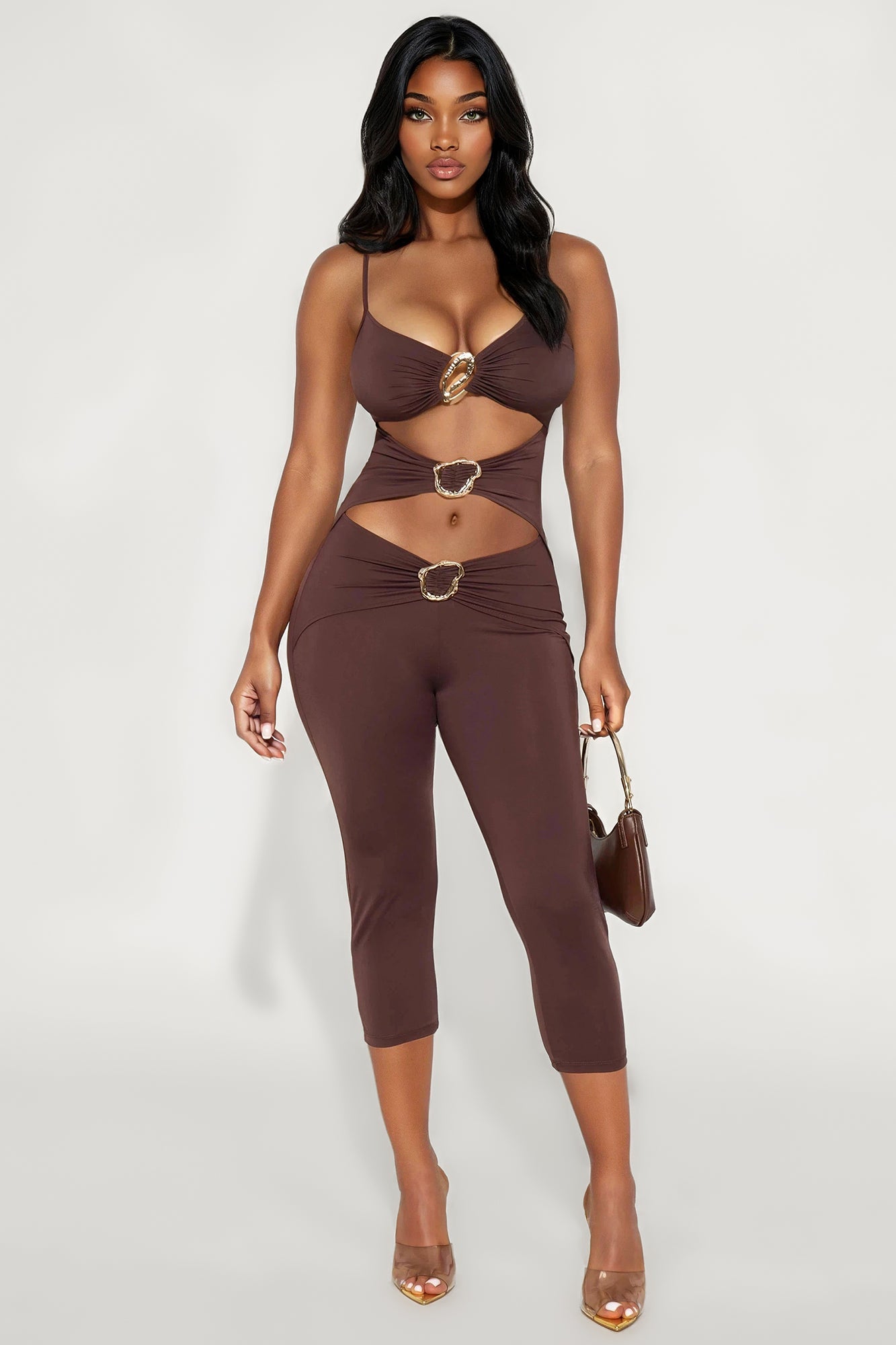 Festival Cut Out Hardware Capri Stretch Jumpsuit - Chocolate