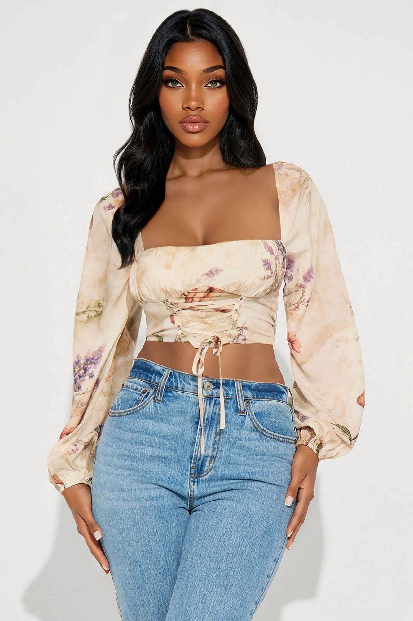 Our Little Secret Lace Up Floral Blouse - Taupe/combo