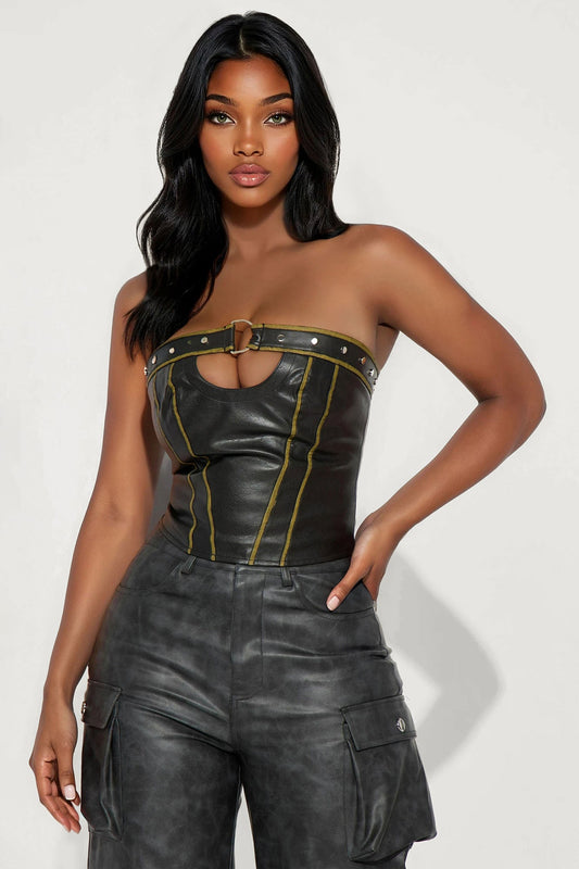 Long Desire Studded Faux Leather Top - Brown