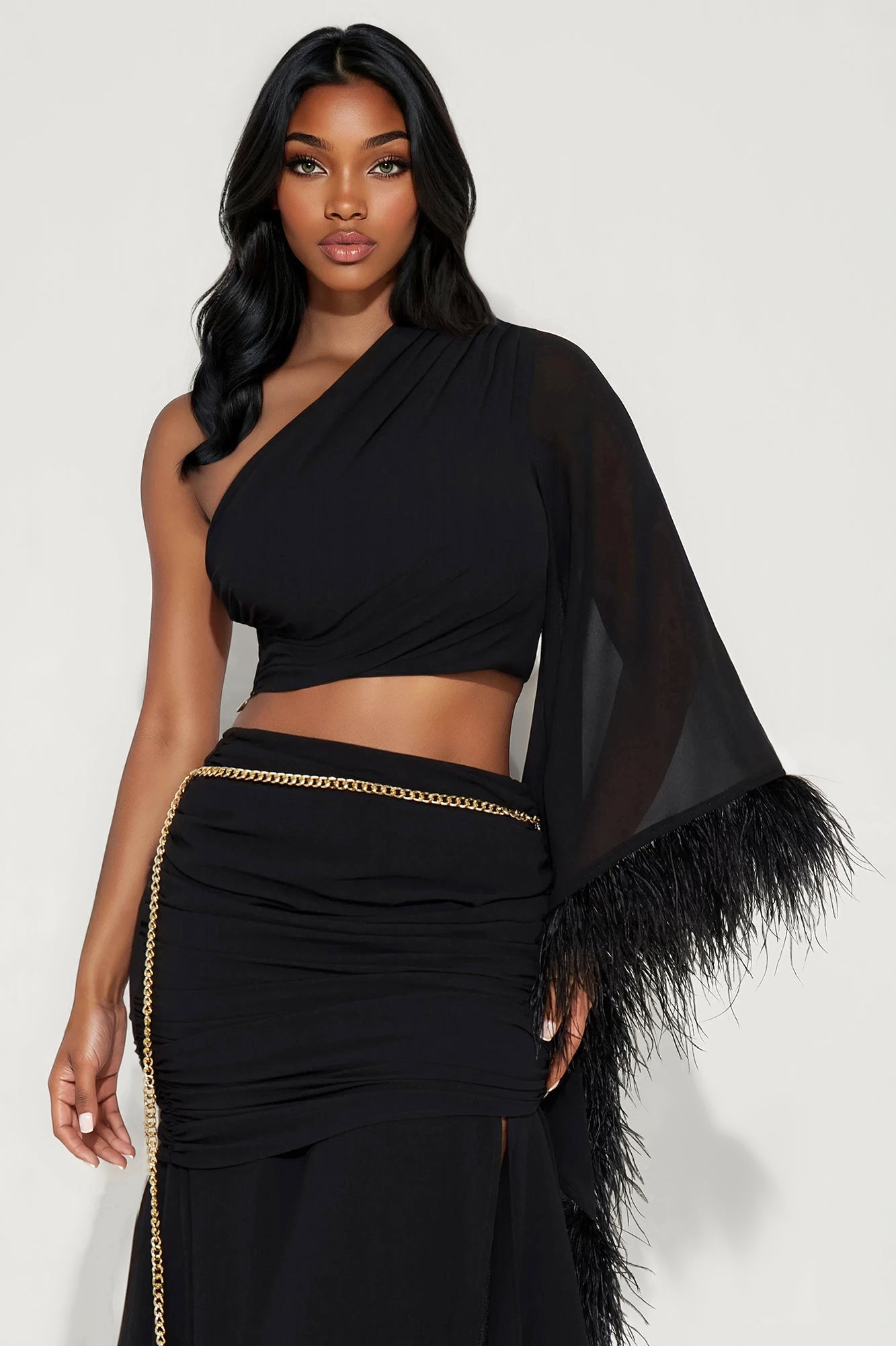 Athena Chiffon One Shoulder Maxi Skirt Set - Black