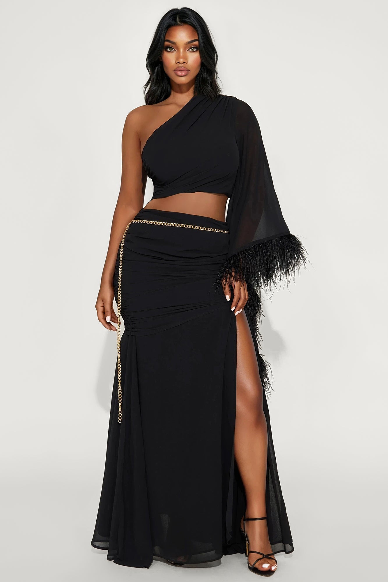 Athena Chiffon One Shoulder Maxi Skirt Set - Black