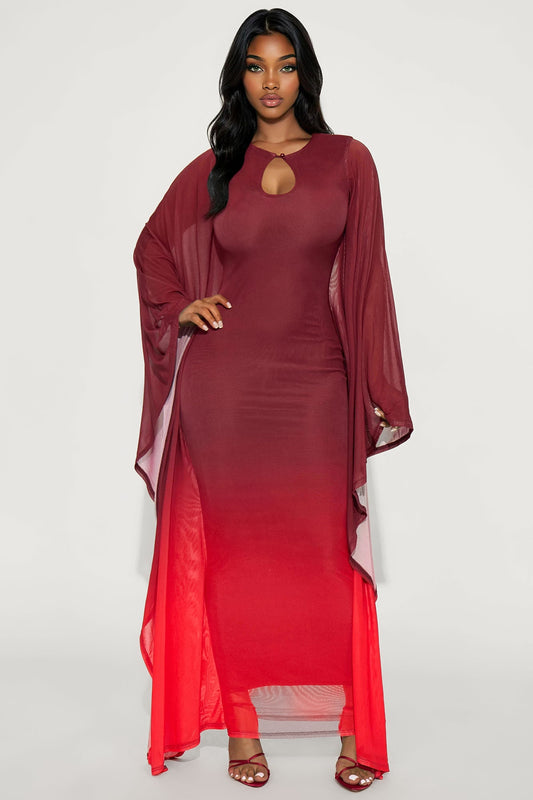 Poisoned Love Ombre Mesh Maxi Dress - Burgundy