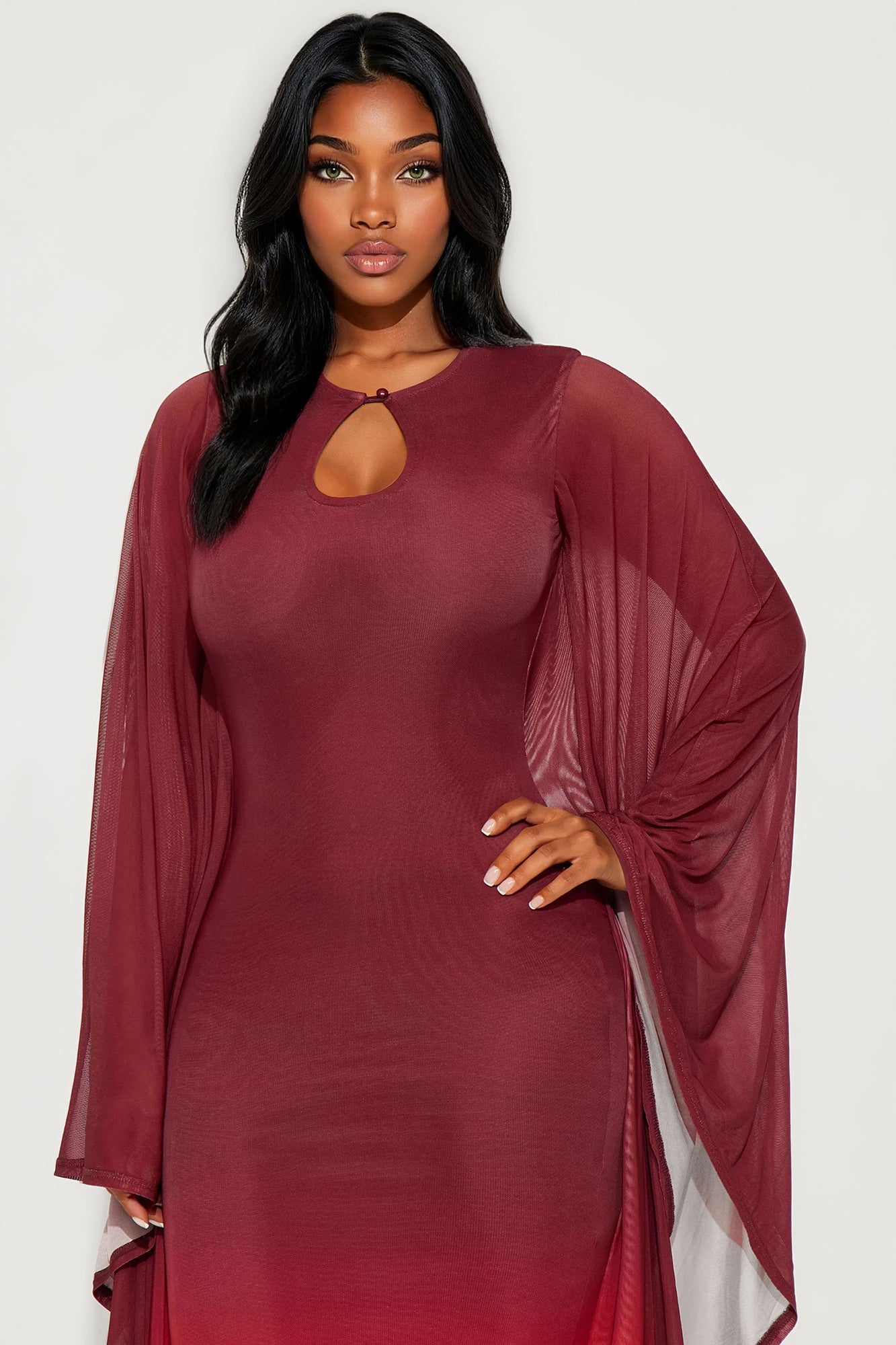 Poisoned Love Ombre Mesh Maxi Dress - Burgundy