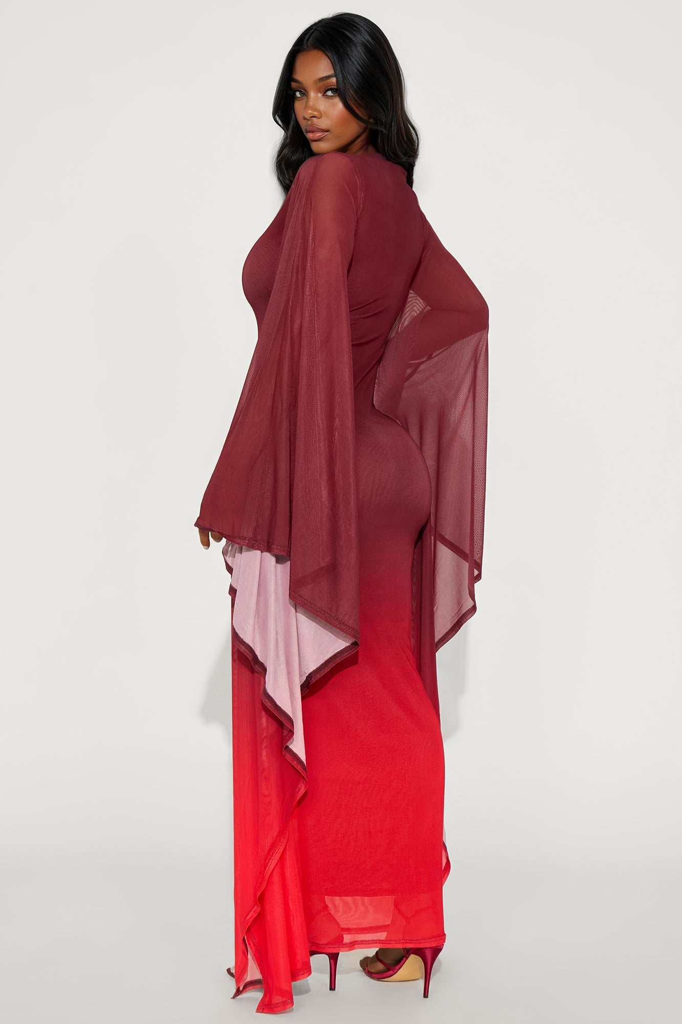 Poisoned Love Ombre Mesh Maxi Dress - Burgundy