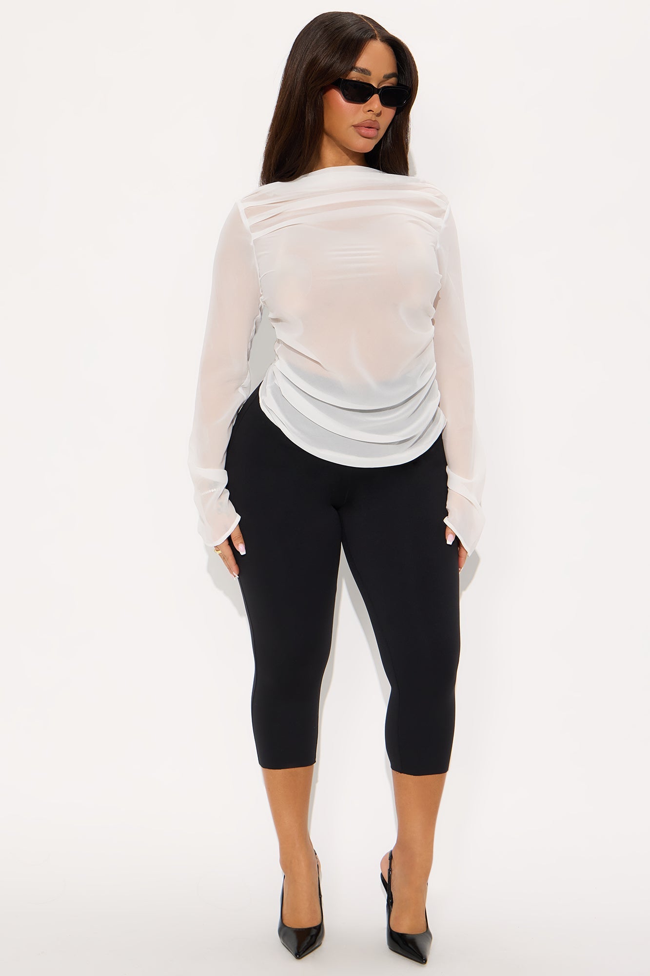 Venetian Date Ruched Sheer Chiffon Top - White