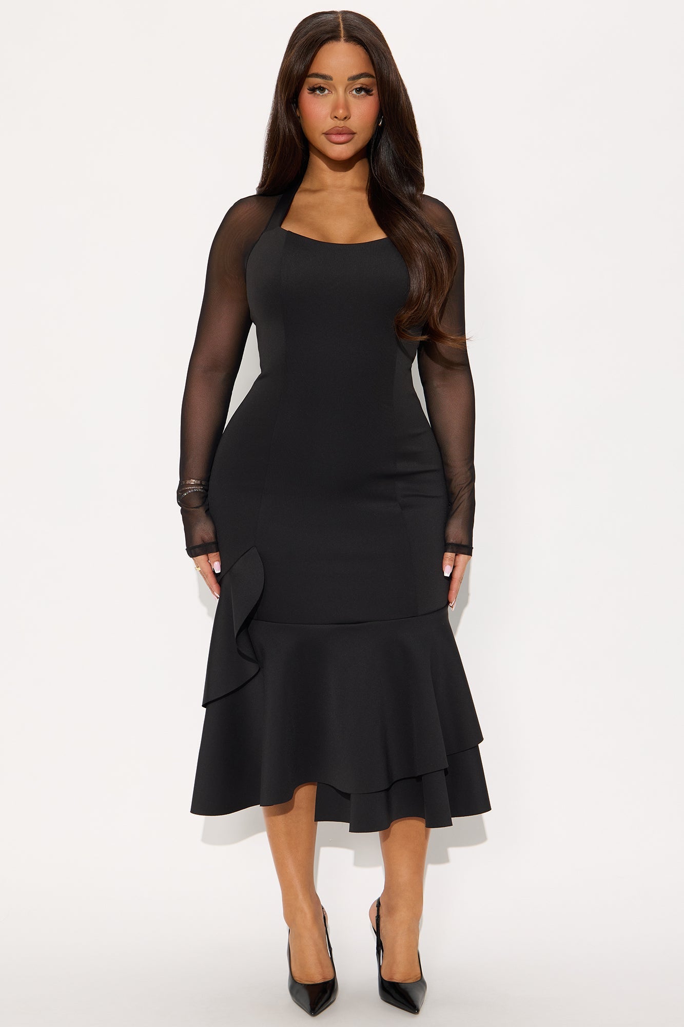 Romina Ruffle Trim Midi Dress - Black