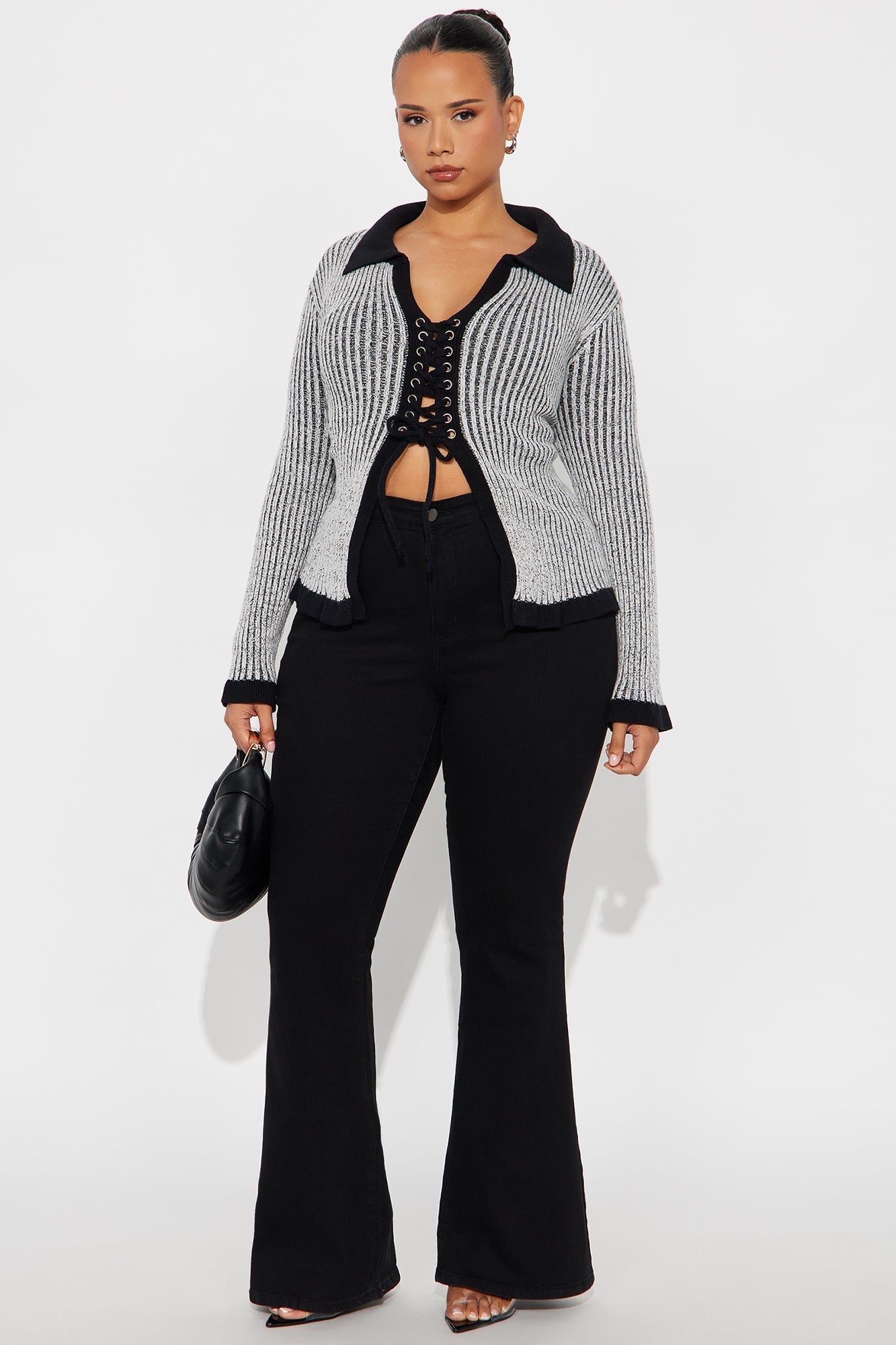 Hazy Day Lace Up Sweater Top - Black