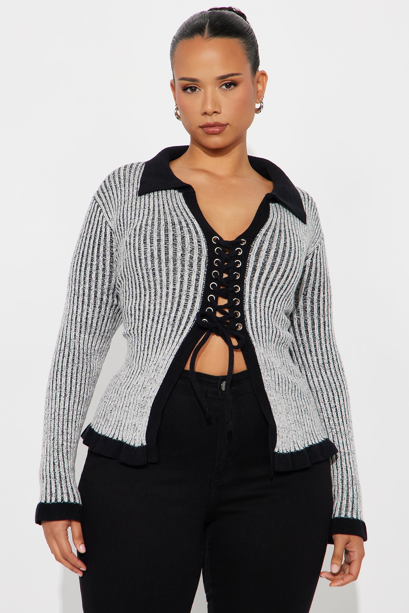 Hazy Day Lace Up Sweater Top - Black