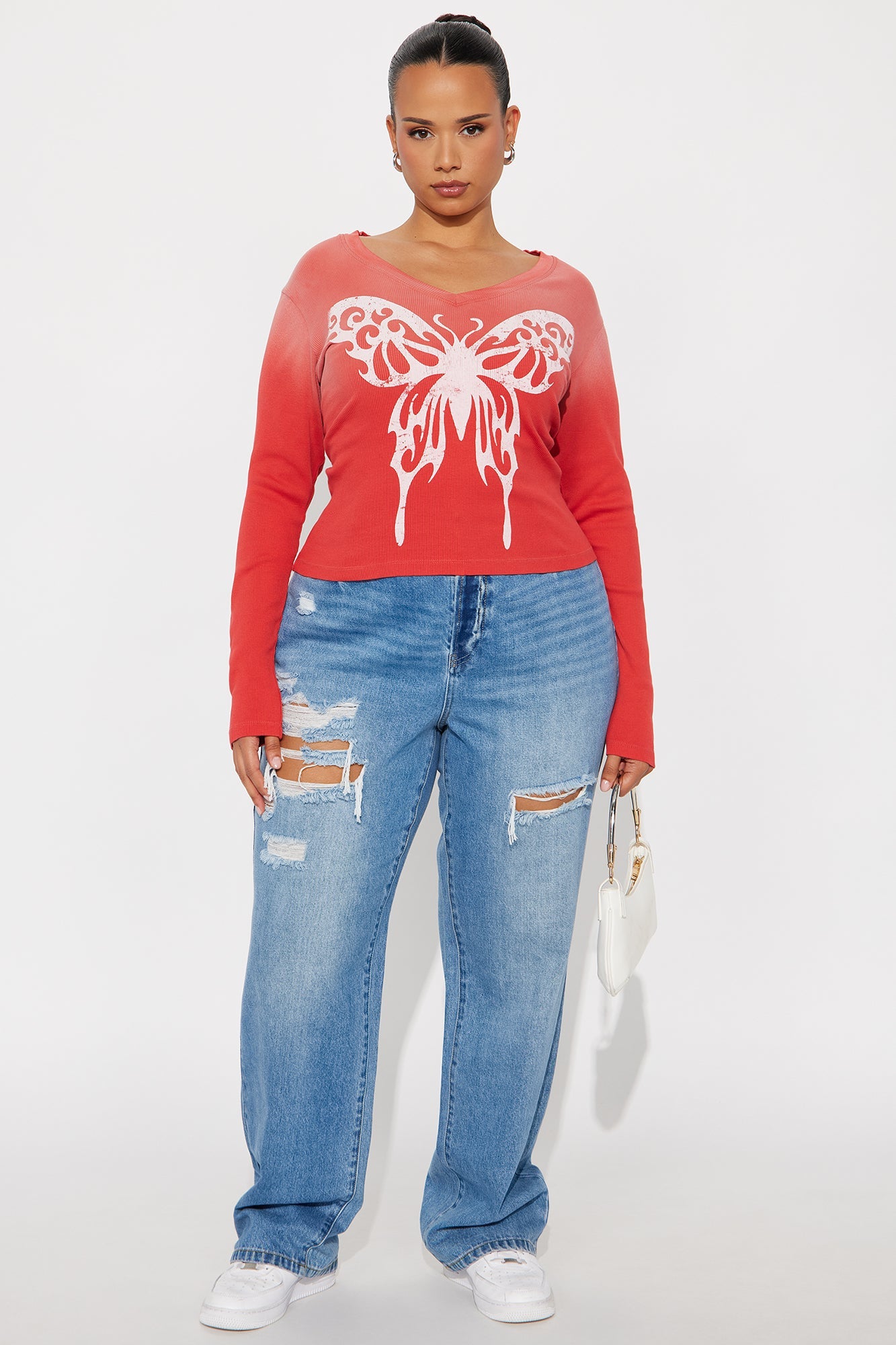 Butterfly Effect Ribbed Long Sleeve Top - Red