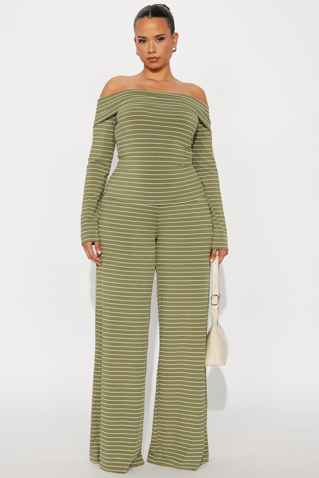 Esme Off Shoulder Long Sleeve Pant Set - Olive