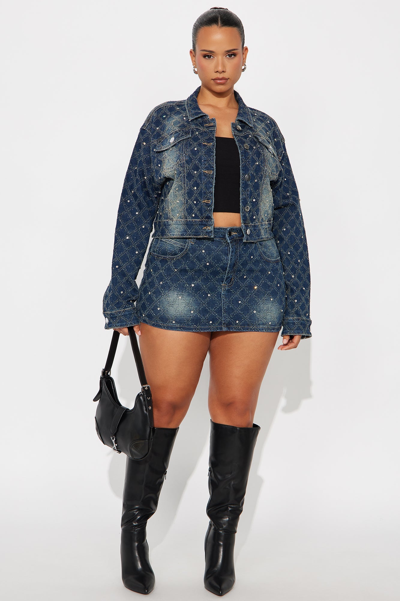 Stop And Stare Embellished Denim Micro Mini Skirt - Dark Wash