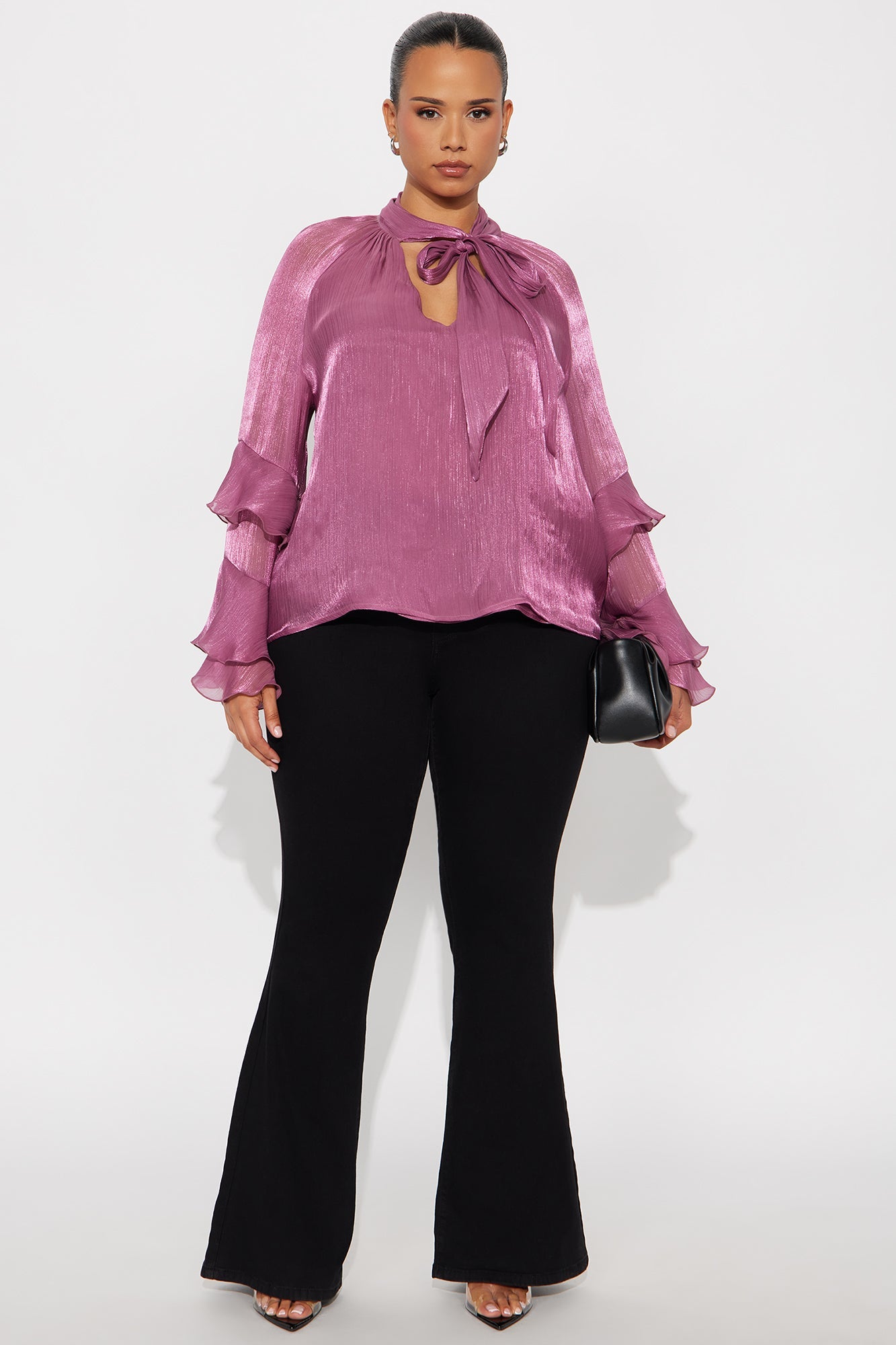 Crystal Clear Neck Tie Ruffle Chiffon Top - Mauve