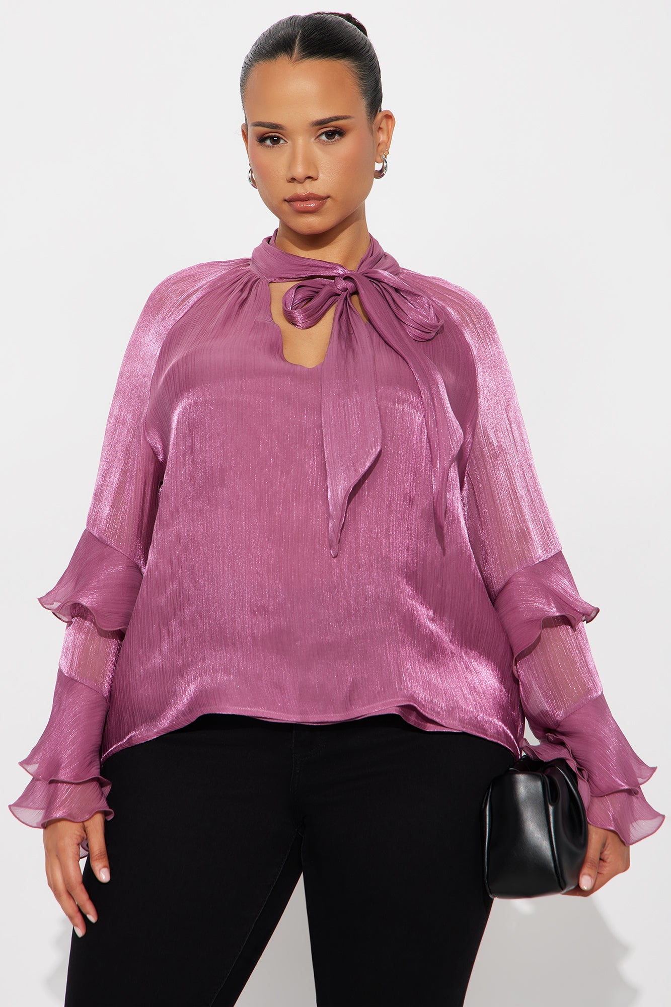 Crystal Clear Neck Tie Ruffle Chiffon Top - Mauve