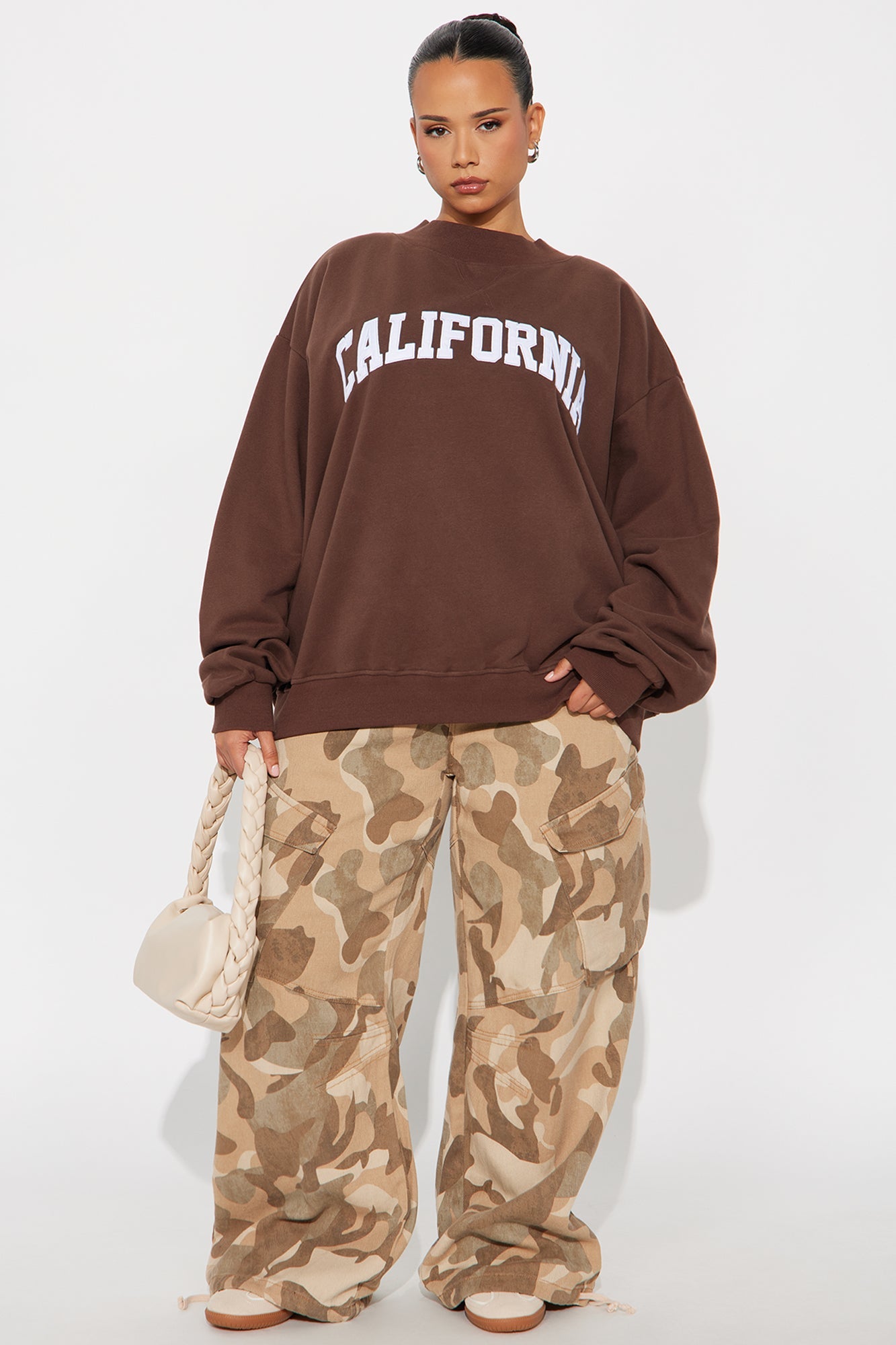 California Mock Neck Oversized Sweatshirt - Brown