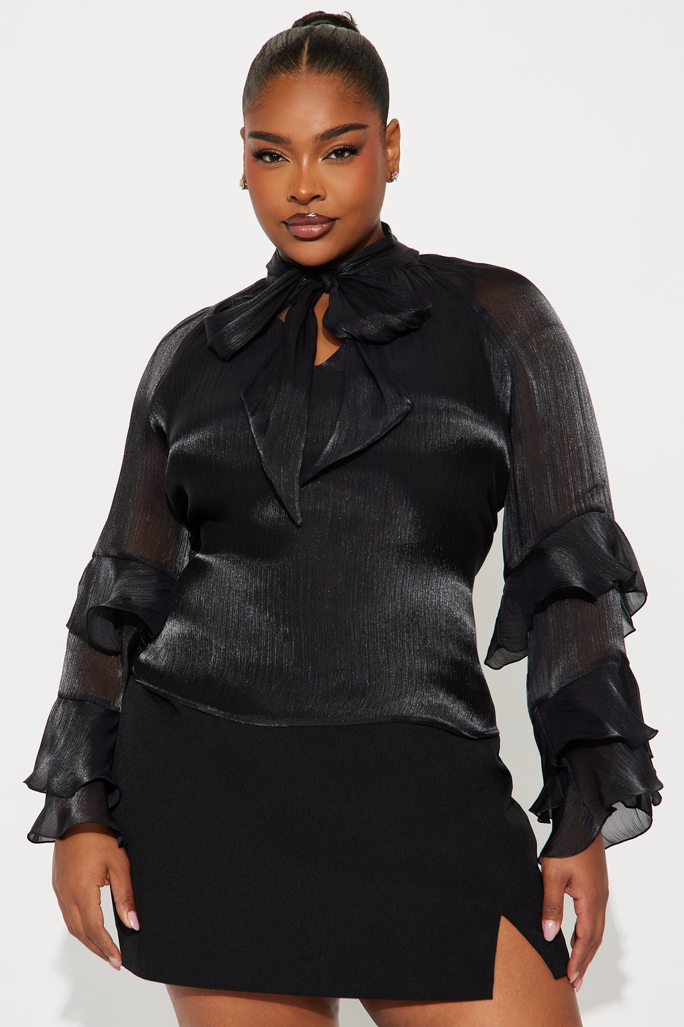 Crystal Clear Neck Tie Ruffle Chiffon Top - Black