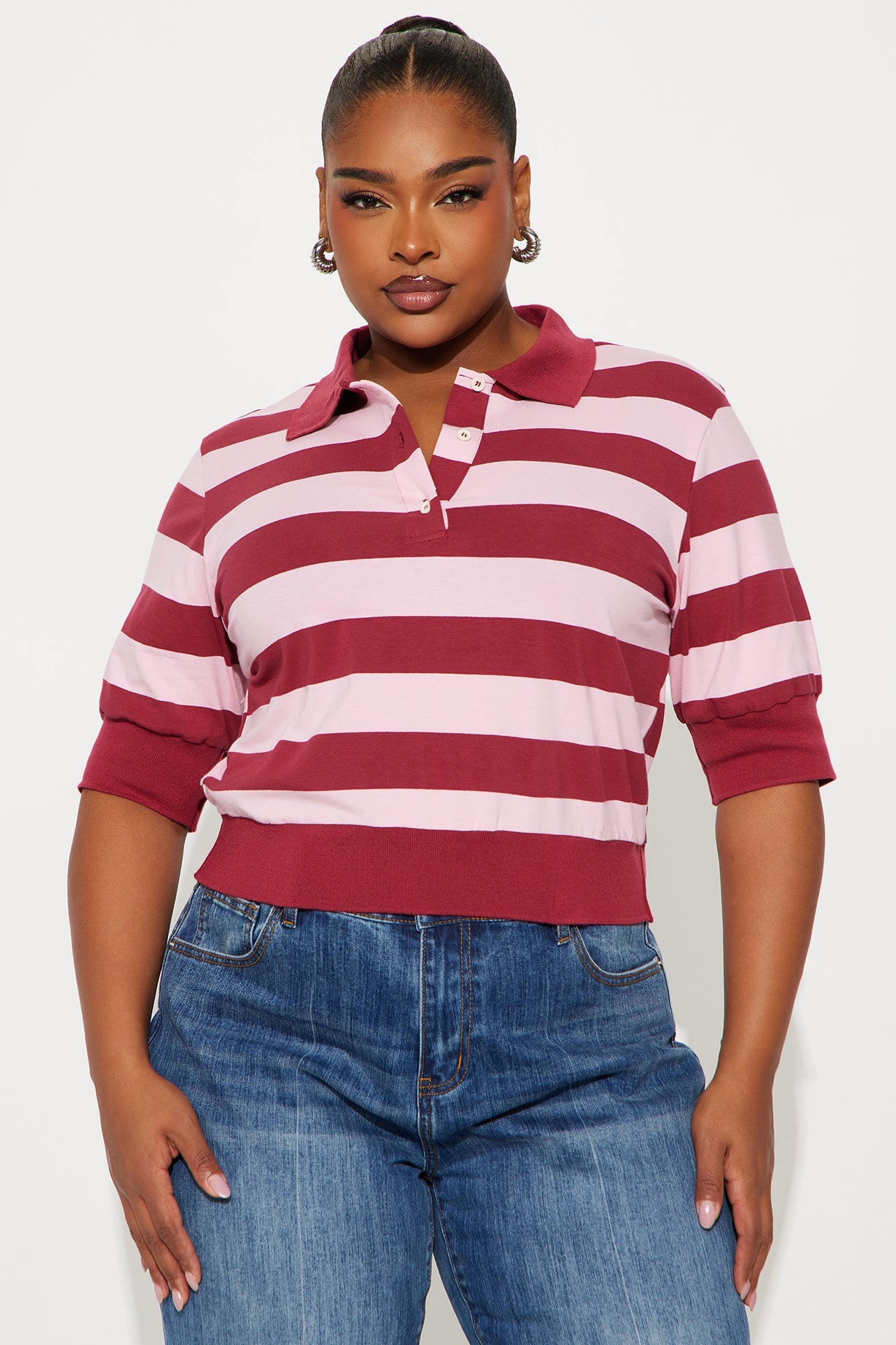 Kiko Short Sleeve Striped Polo Top - Burgundy/combo