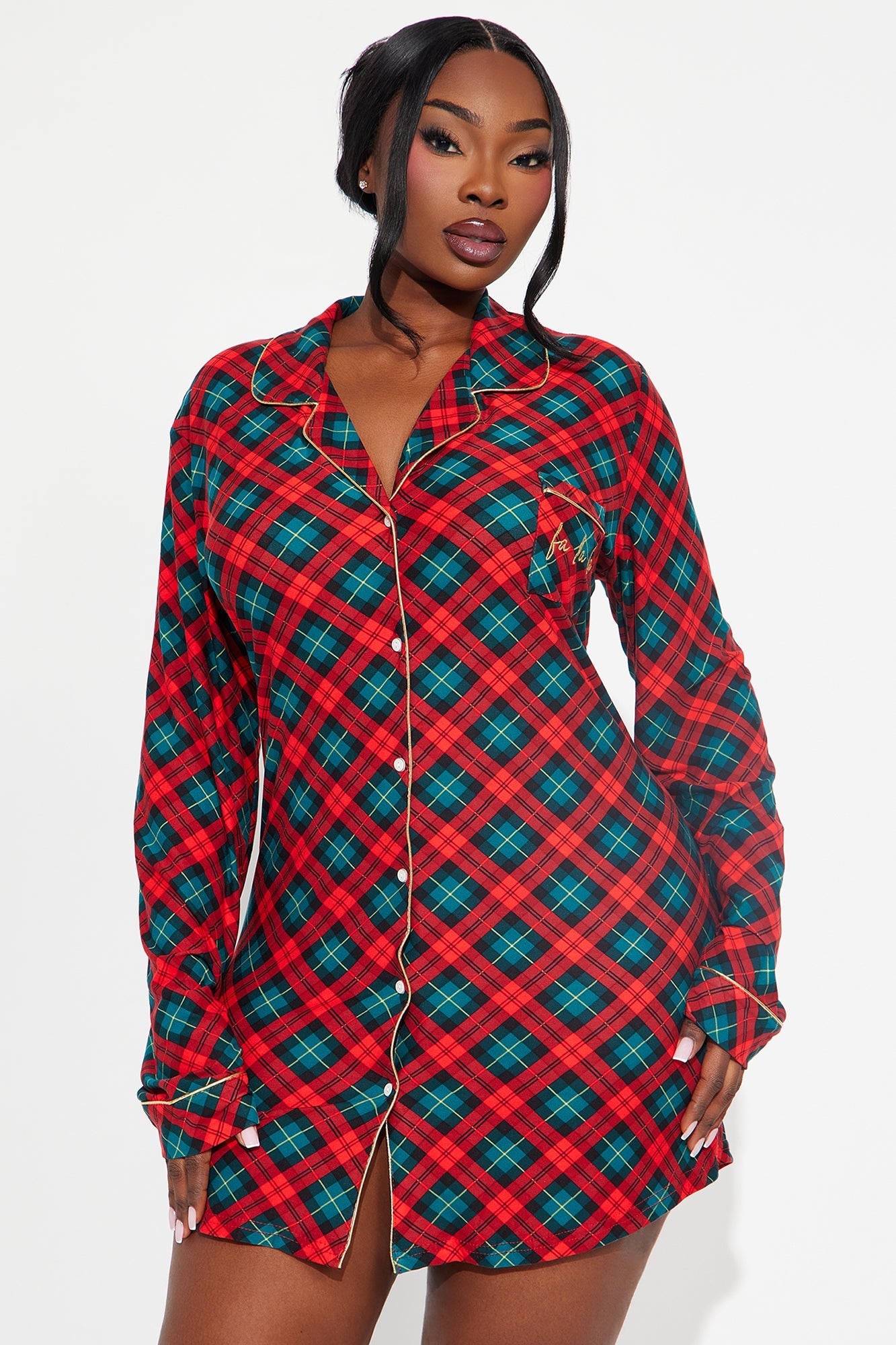 FaLaLa Embroidered Glitter Long Sleeve PJ Sleep Shirt - Red/combo