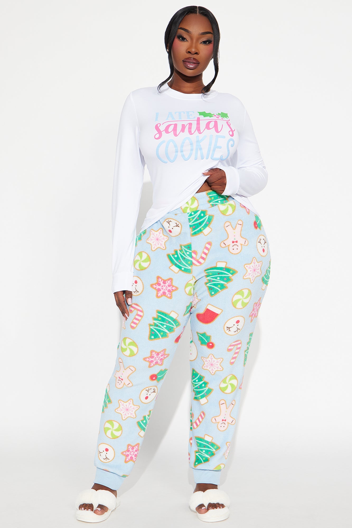 I Ate Santa's Cookies Long Sleeve Plush PJ Jogger Set - White/Blue