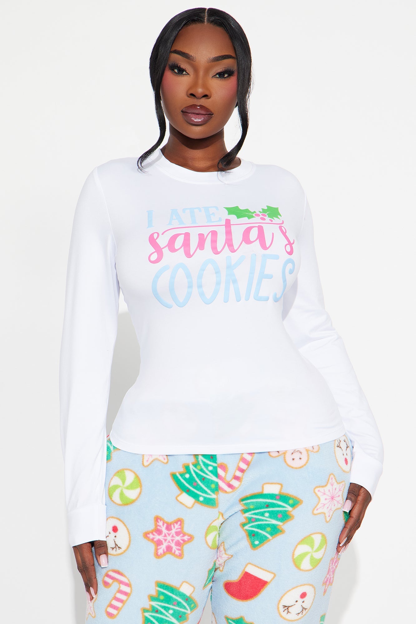 I Ate Santa's Cookies Long Sleeve Plush PJ Jogger Set - White/Blue