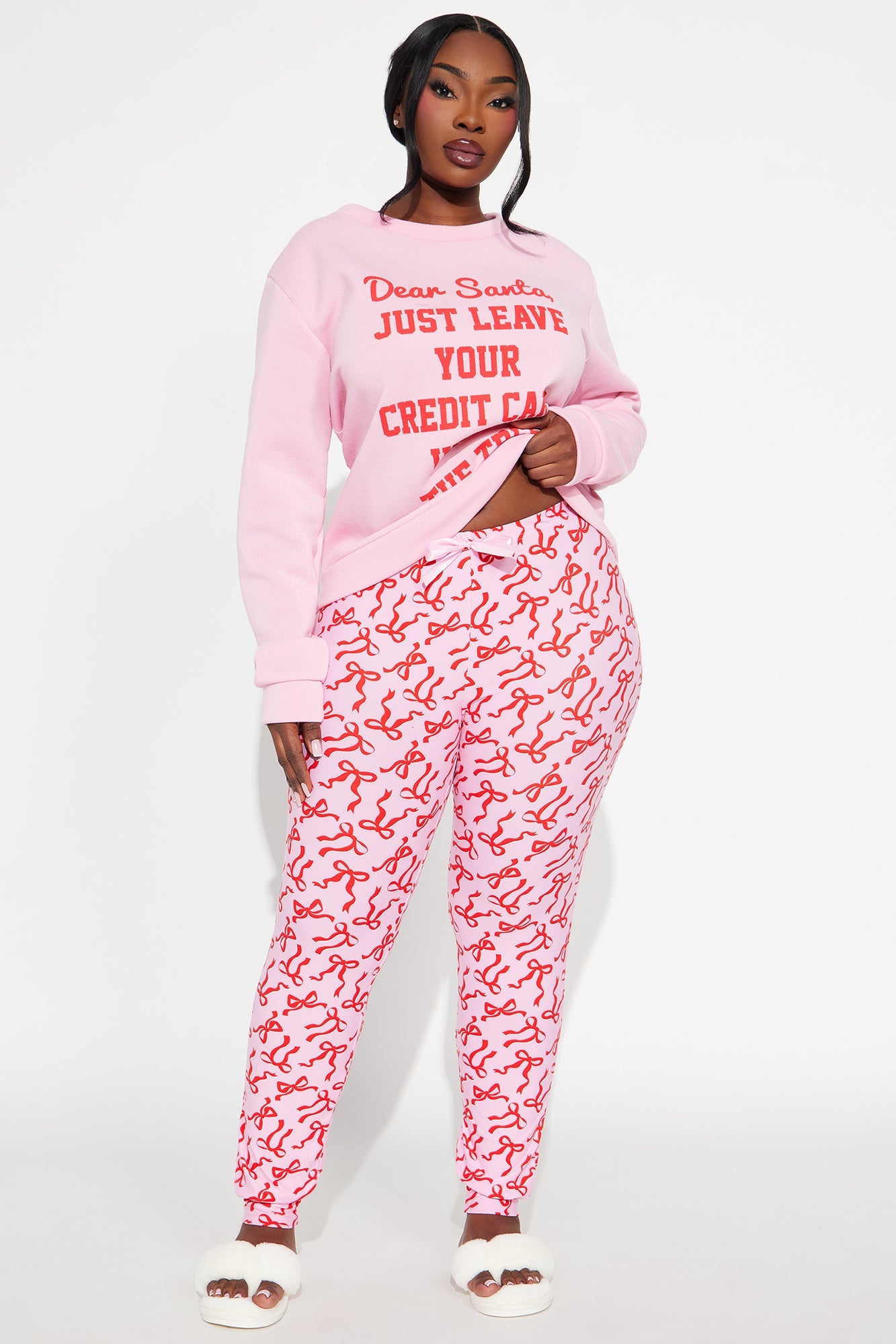 Santa's Credit Card Crew Neck PJ Jogger Set - Pink/combo