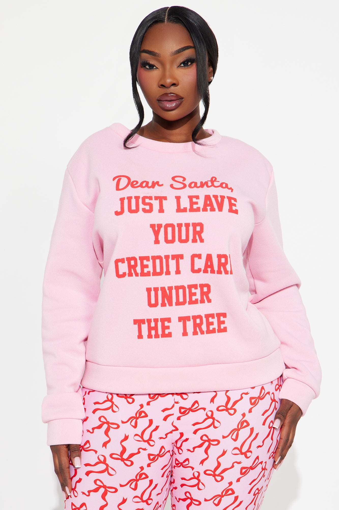 Santa's Credit Card Crew Neck PJ Jogger Set - Pink/combo