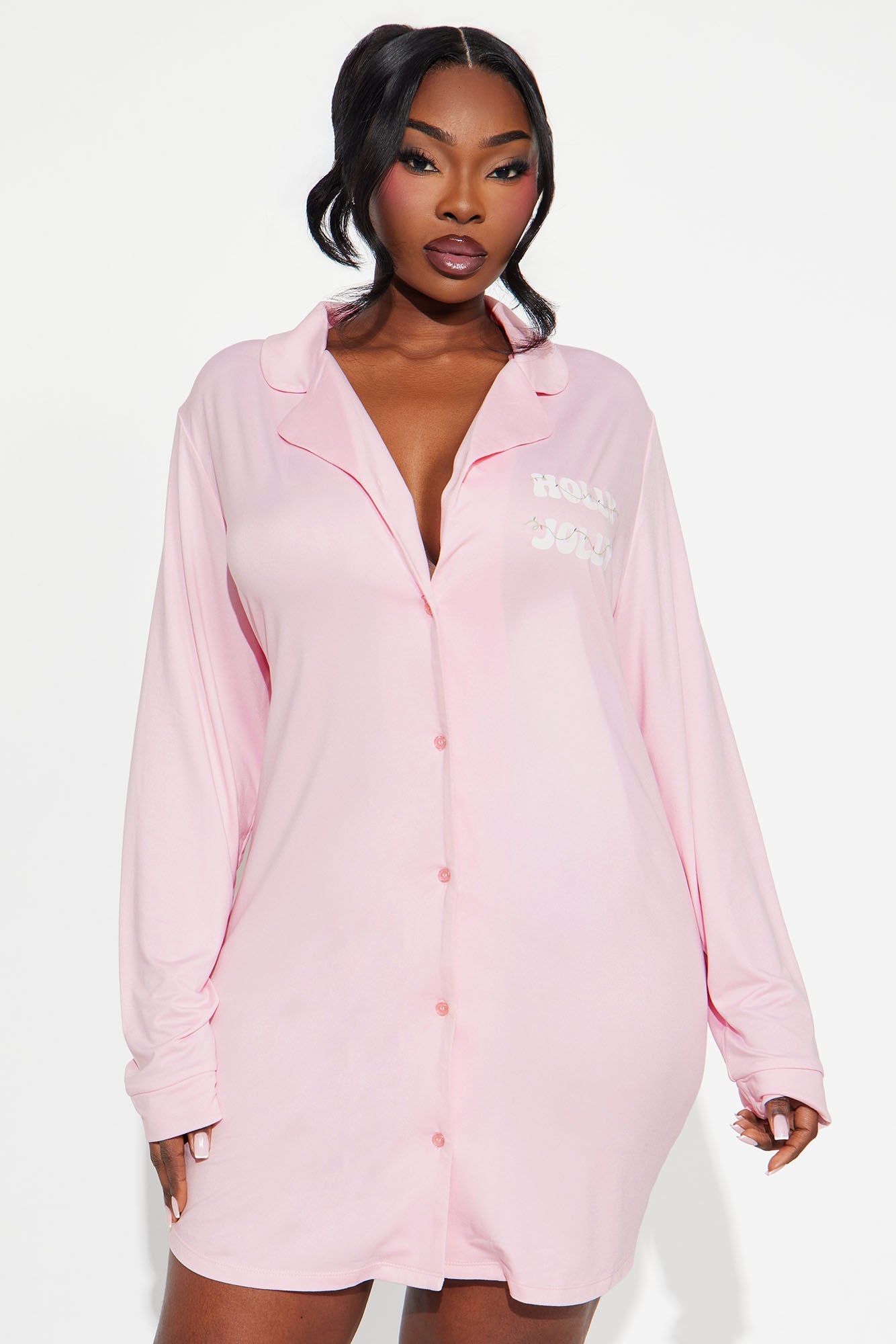 Holly Jolly Long Sleeve PJ Sleep Shirt - Pink