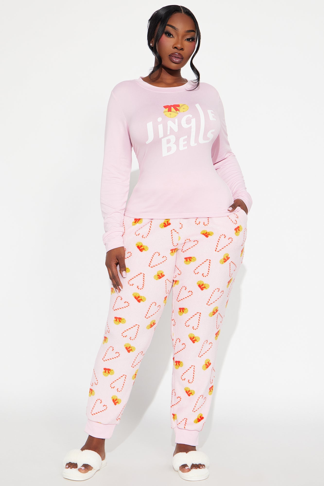 Jingle Bells Long Sleeve Plush PJ Jogger Set - Pink