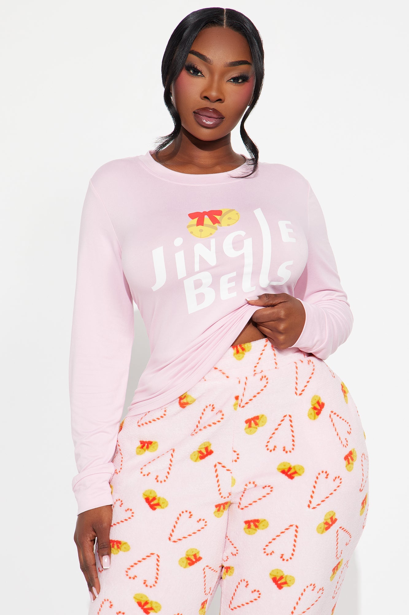 Jingle Bells Long Sleeve Plush PJ Jogger Set - Pink