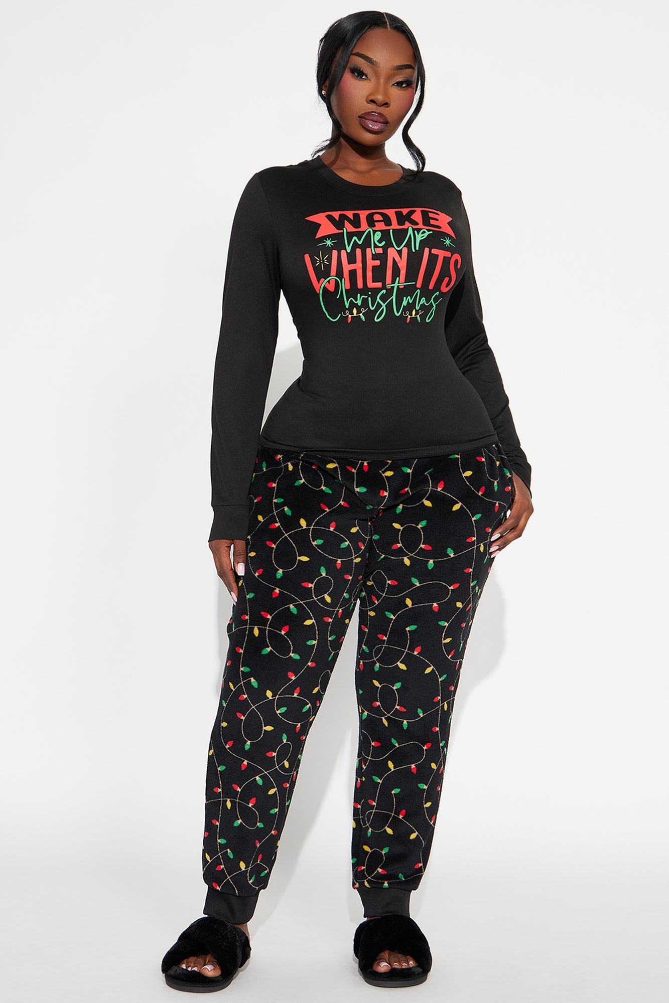 Wake Me Up On Christmas Matching Family Long Sleeve Plush PJ Jogger Set - Black/combo