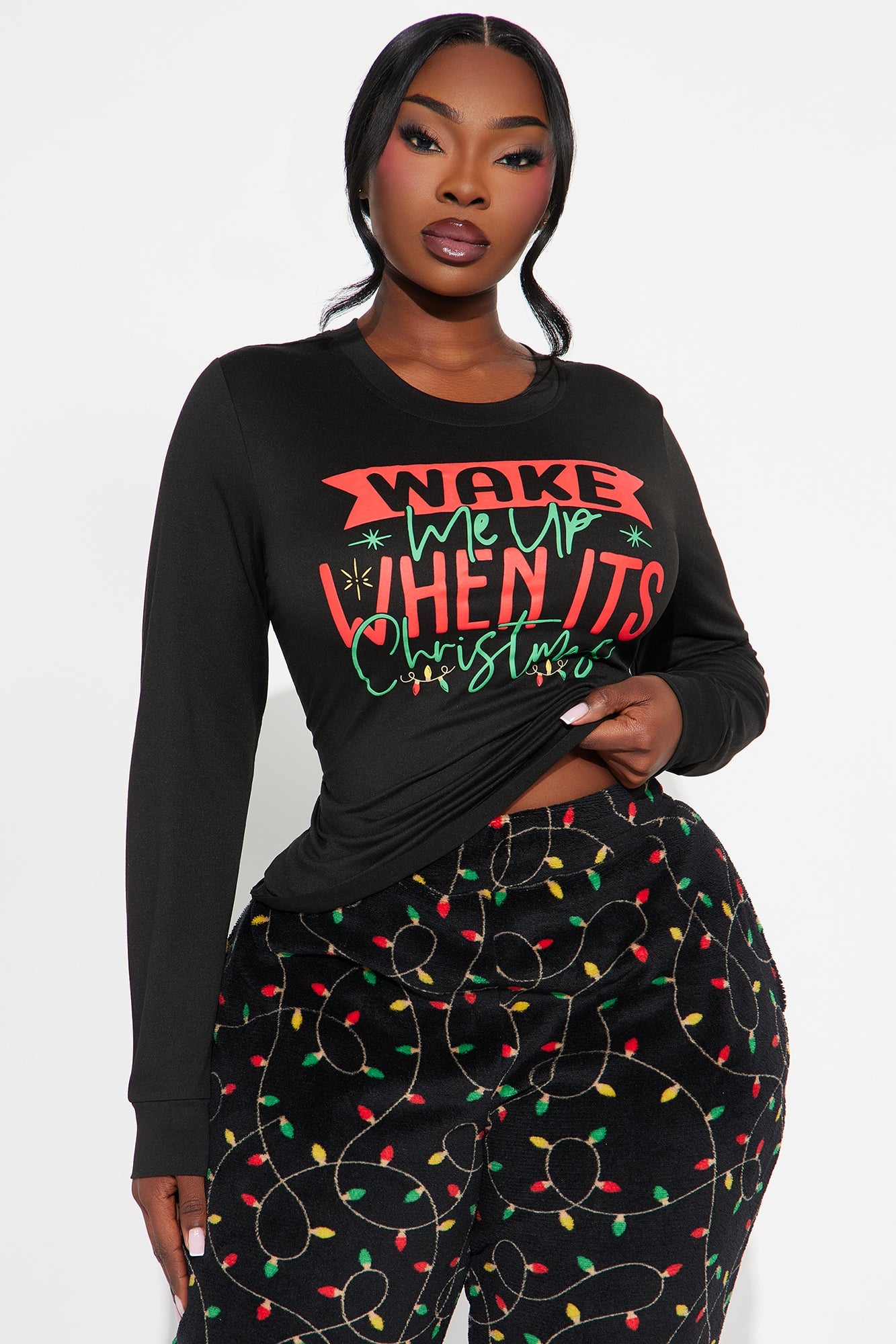 Wake Me Up On Christmas Matching Family Long Sleeve Plush PJ Jogger Set - Black/combo