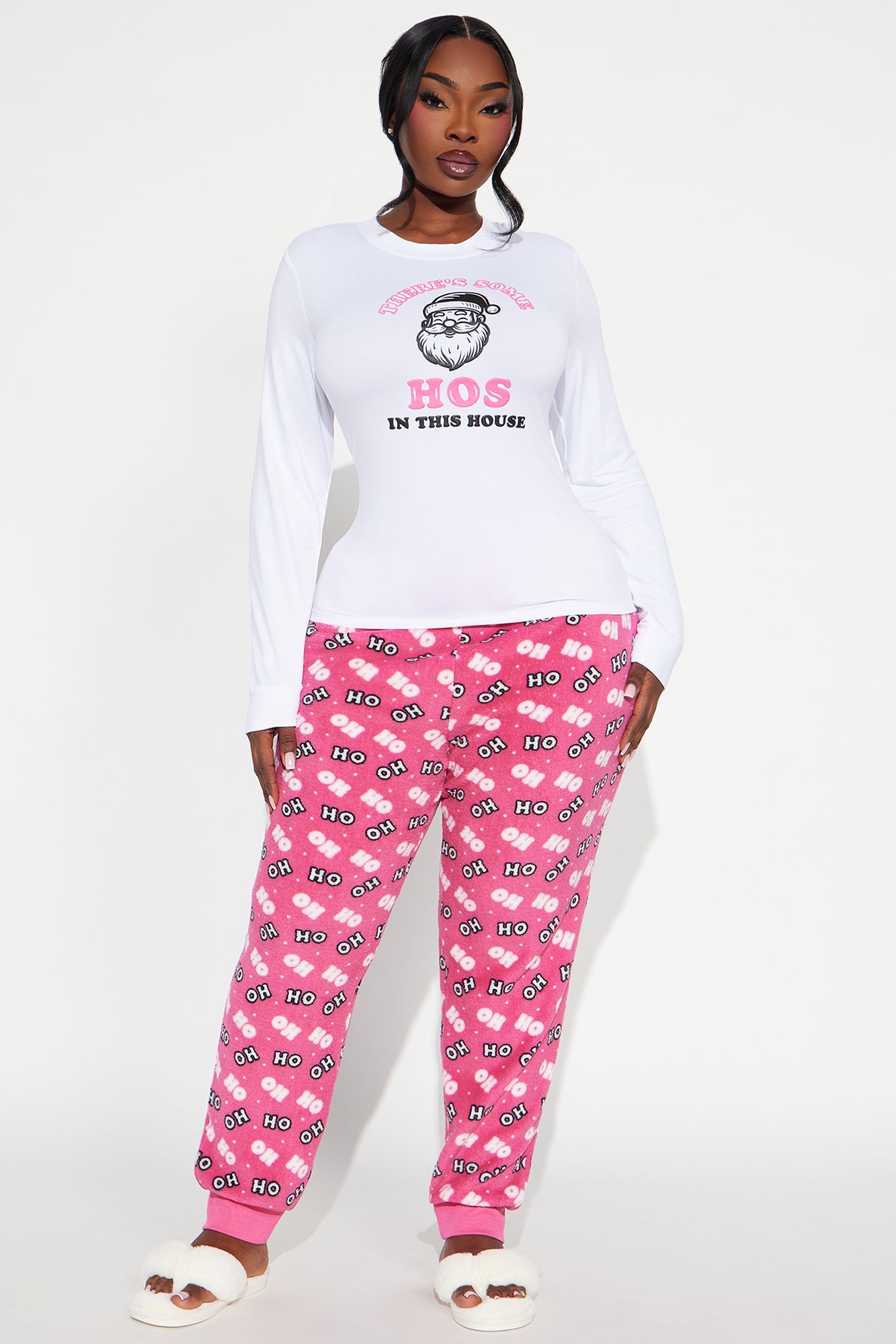 Hos In The House Long Sleeve PJ Jogger Set - White/Pink