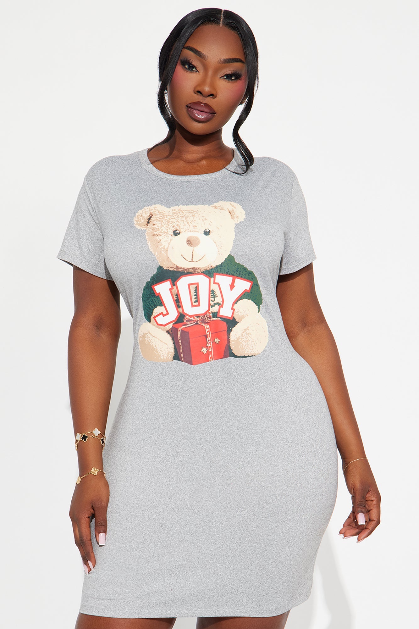 Joyful Teddy Bear Short Sleeve PJ Sleep Shirt - Heather Grey