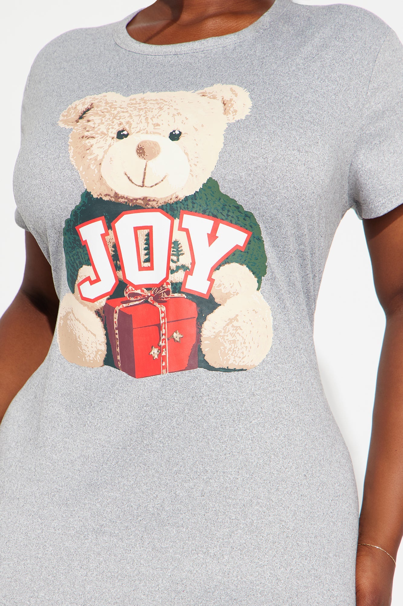 Joyful Teddy Bear Short Sleeve PJ Sleep Shirt - Heather Grey