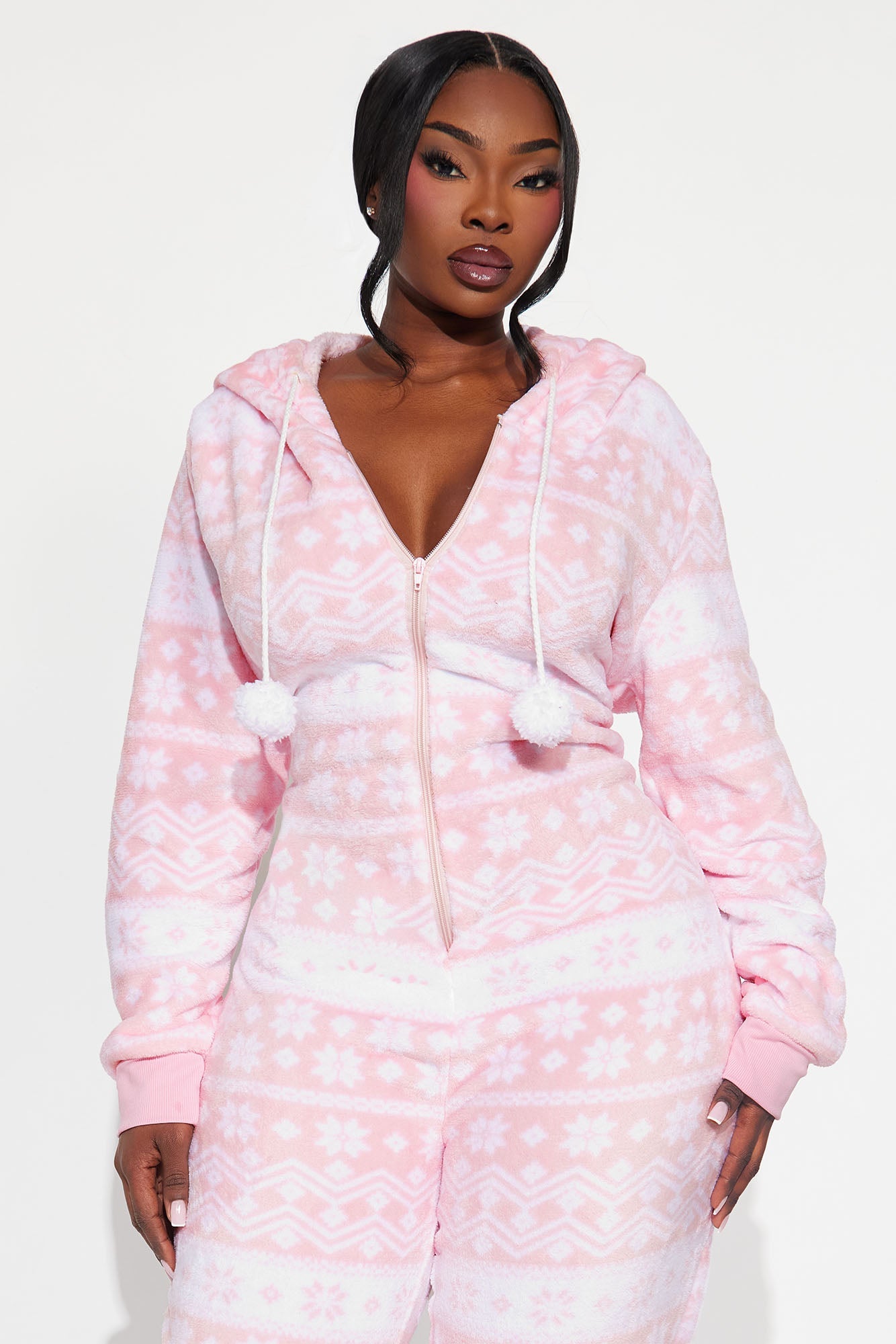 Winter Cutie Plush Hoodie PJ Jumpsuit Onesie - White/Pink