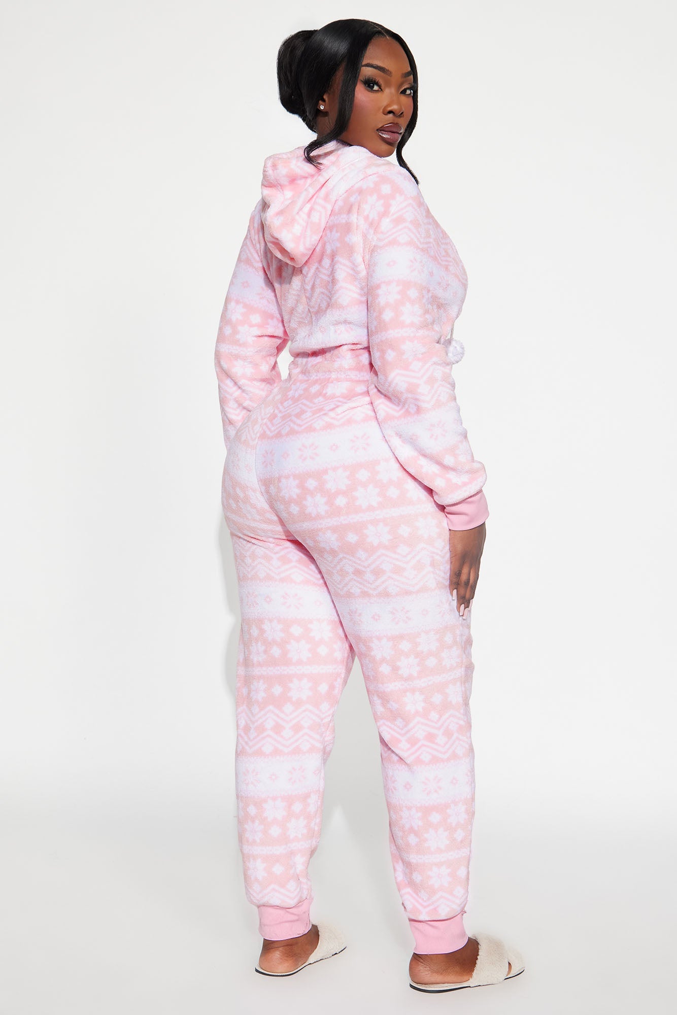 Winter Cutie Plush Hoodie PJ Jumpsuit Onesie - White/Pink