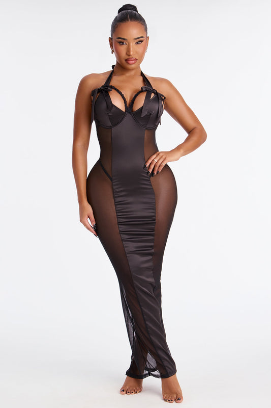 Temptation Hour Satin Mesh Nightgown Set - Black