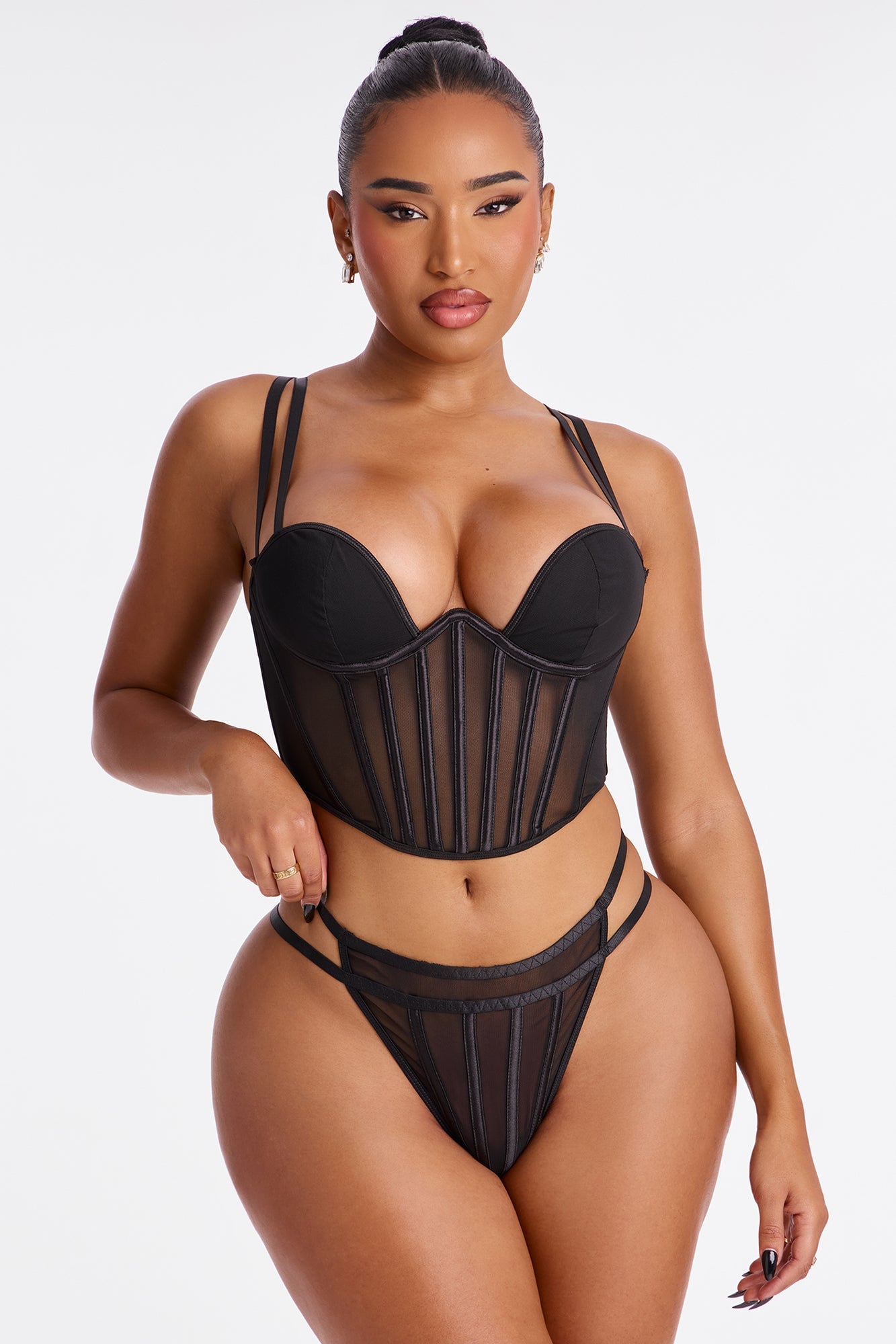 Julianna 2 Piece Mesh Corset And Panty Set - Black