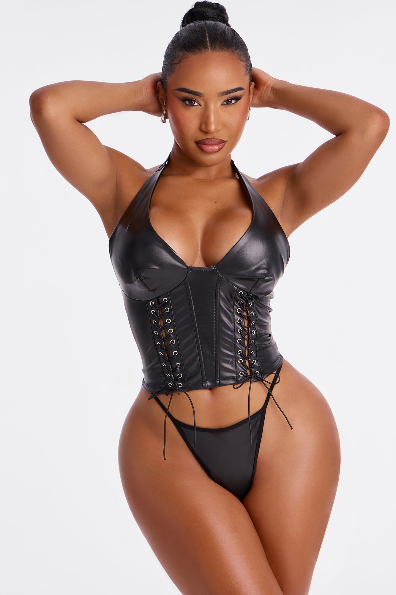 Tessara 2 Piece Faux Leather Corset And Panty Set - Black