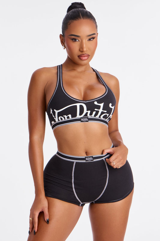 Von Dutch Boxer Brief And Cross Back Bra 2 Piece Set - Black