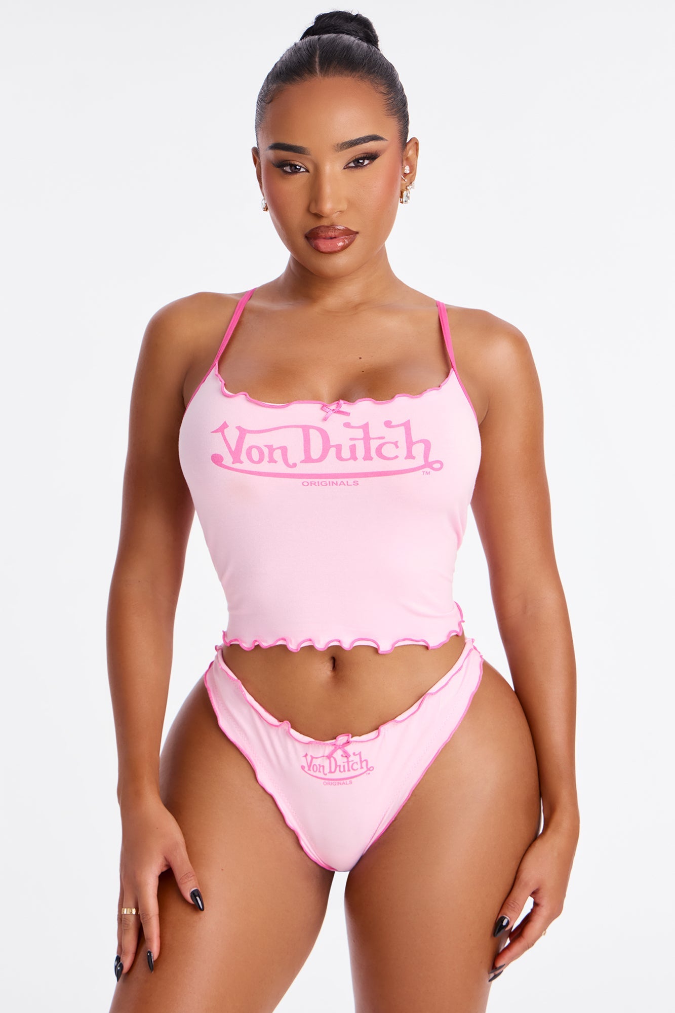 Von Dutch Lacy Trim Lettuce Edge Cami 2 Piece Set - Pink
