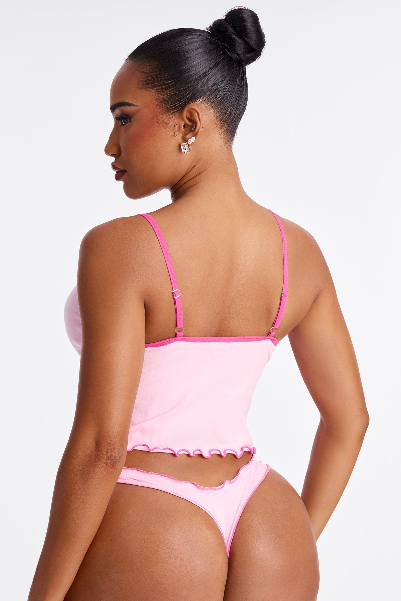 Von Dutch Lacy Trim Lettuce Edge Cami 2 Piece Set - Pink
