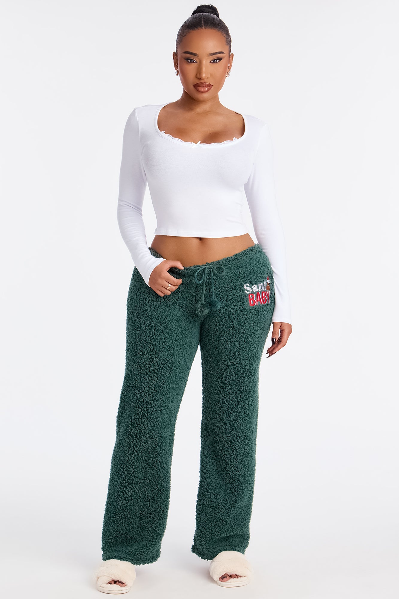 Santa Baby Embroidered Sherpa PJ Pants - Green